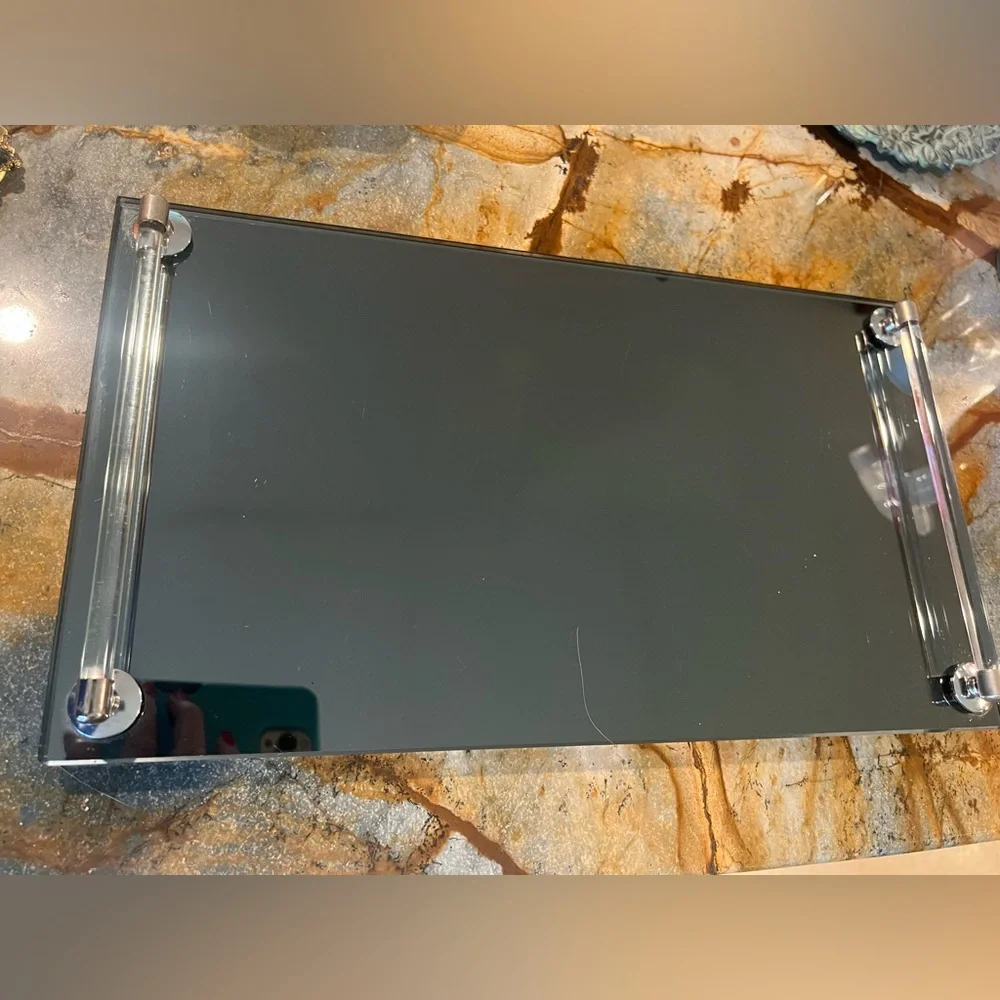 Vintage 16”x 8” 💙 🪞Smoked Glass Acrylic Handles Tray 🪞 💙 MCM Art Deco